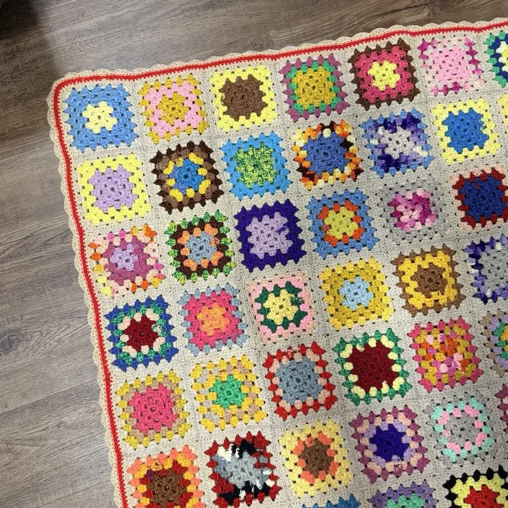 Vtg Granny Square Colorful Crochet Afghan Throw Tan Beige Handmade 50x60 Rosanne